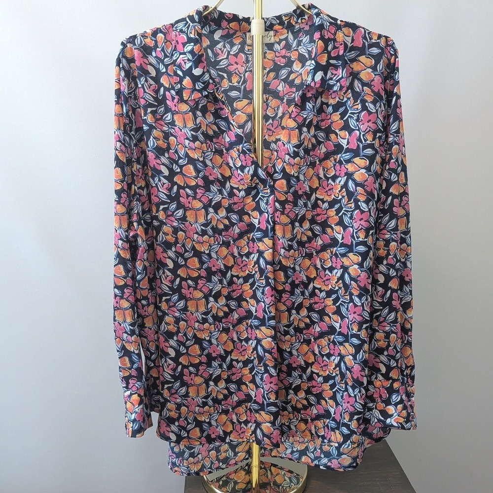 Wonderly Floral Tunic Women 3X Navy Blue High-Low Hem Button Up Boho Blouse